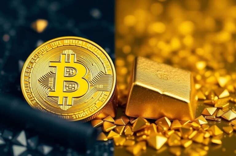 Bitcoin e ouro lado a lado representando diferentes formas de investimento