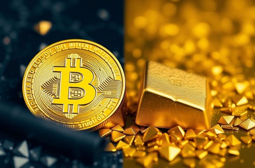 Bitcoin e ouro lado a lado representando diferentes formas de investimento