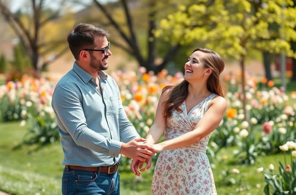 Casal sorridente planejando o futuro juntos em um parque.