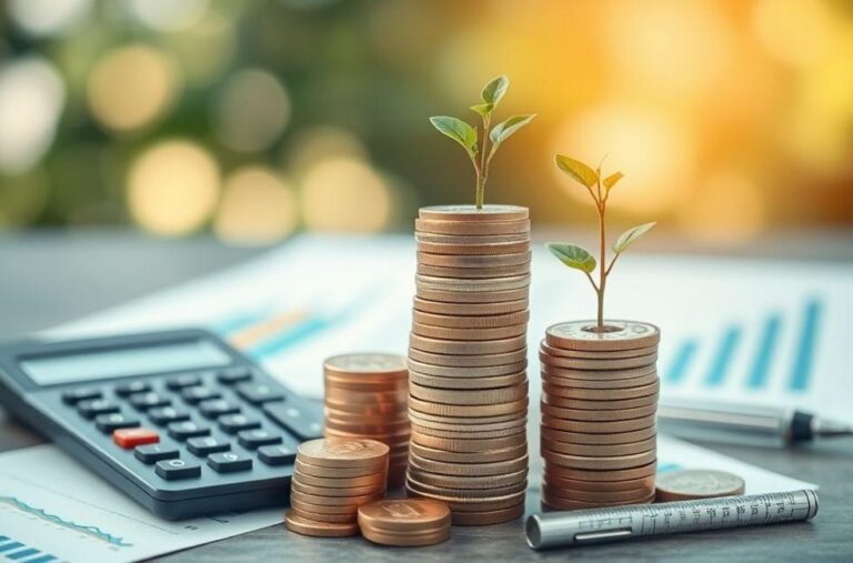 Moedas empilhadas e planta, simbolizando crescimento financeiro.