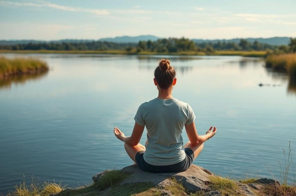 Pessoa meditando em frente a um rio calmo, simbolizando bem-estar financeiro.