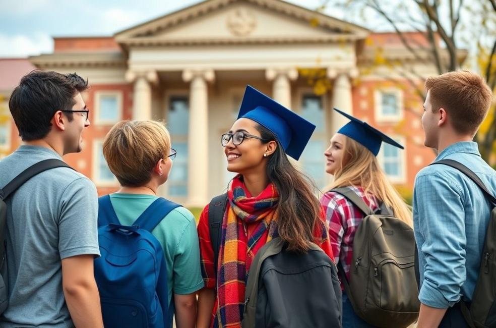 Estudantes universitários inspirados em sua jornada acadêmica, expressando esperança e determinação.