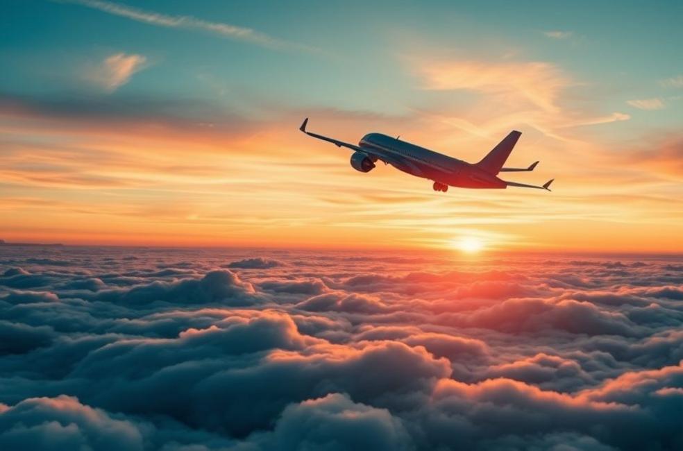 Avião voando sobre nuvens em um pôr do sol espetacular.