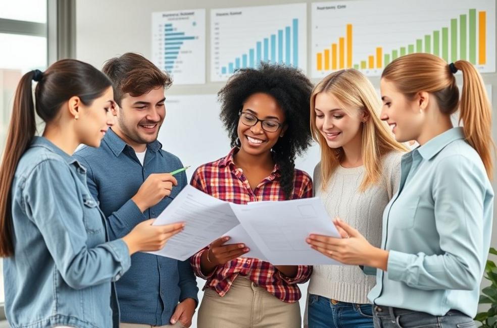 Grupo de jovens adultos discutindo planejamento financeiro.