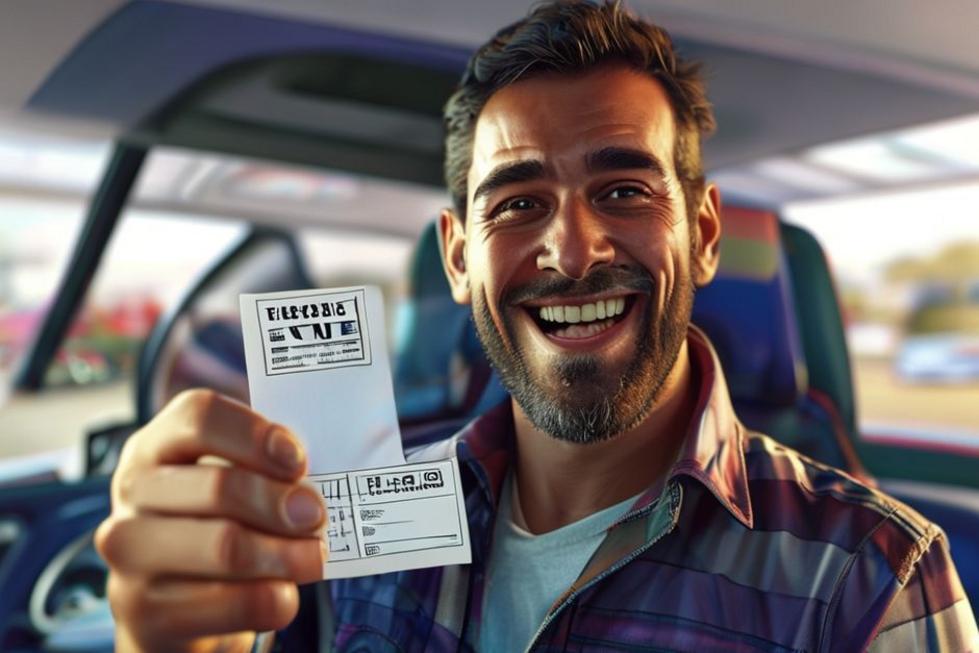 Imagem de um novo motorista segurando sua carteira de motorista com alegria em um ambiente vistoso.